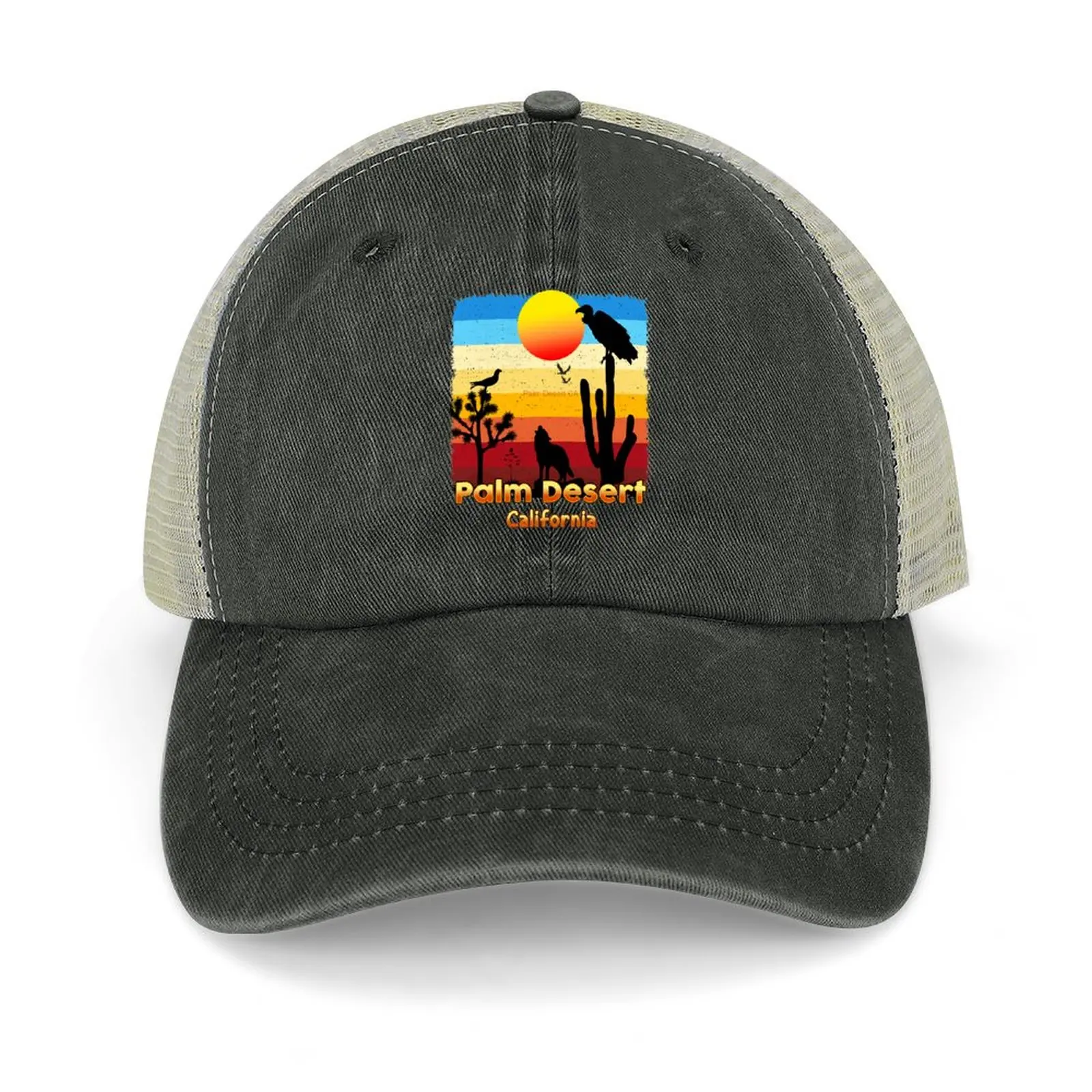

Palm Desert California CA Sunset Coyote Vulture Cactus Desert Californian Cowboy Hat Streetwear Fluffy Hat Men Golf Wear Women's