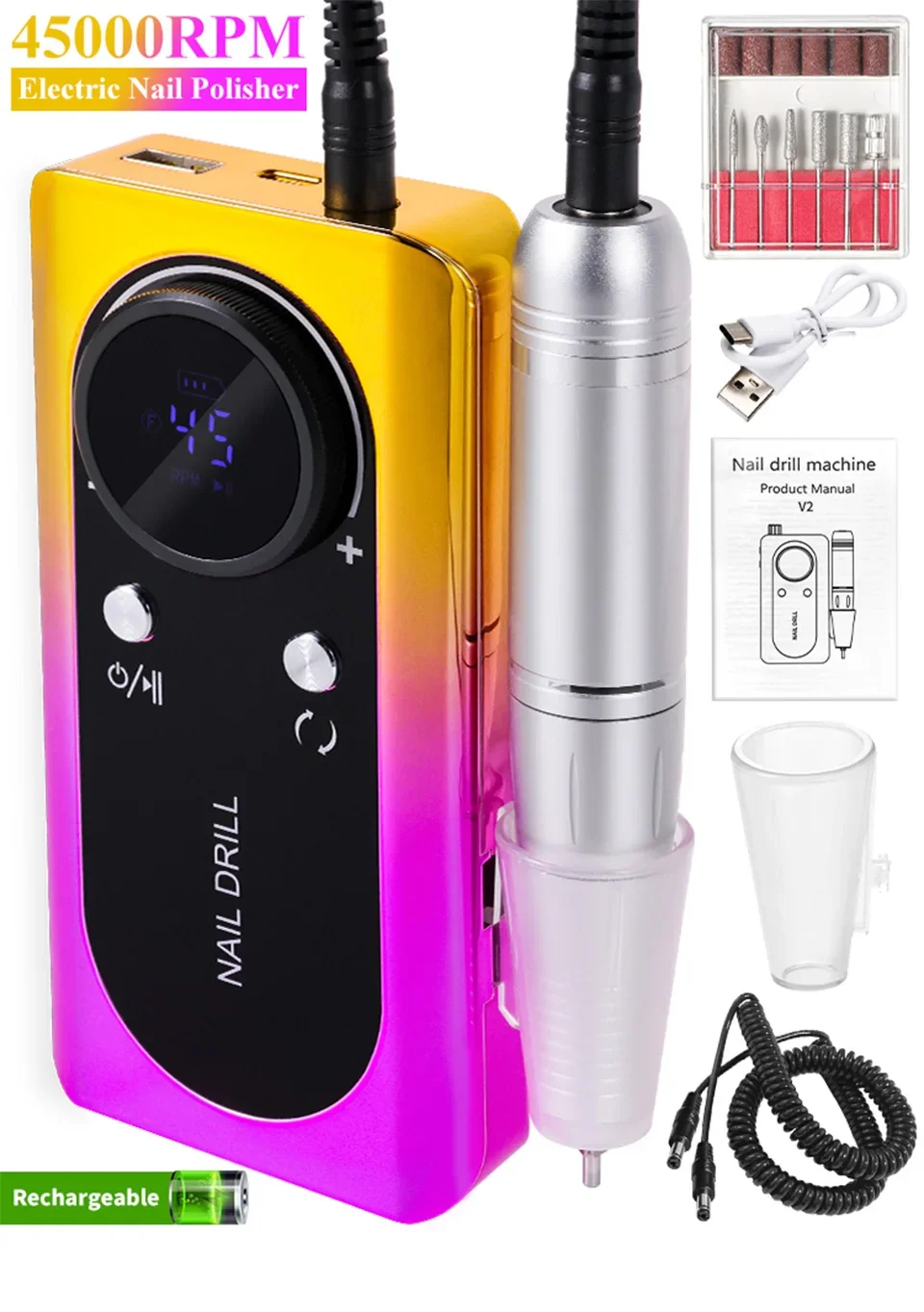 45000RPM Nail Drill Machine Kit Rechargeable Electric Portable Nail Sander File