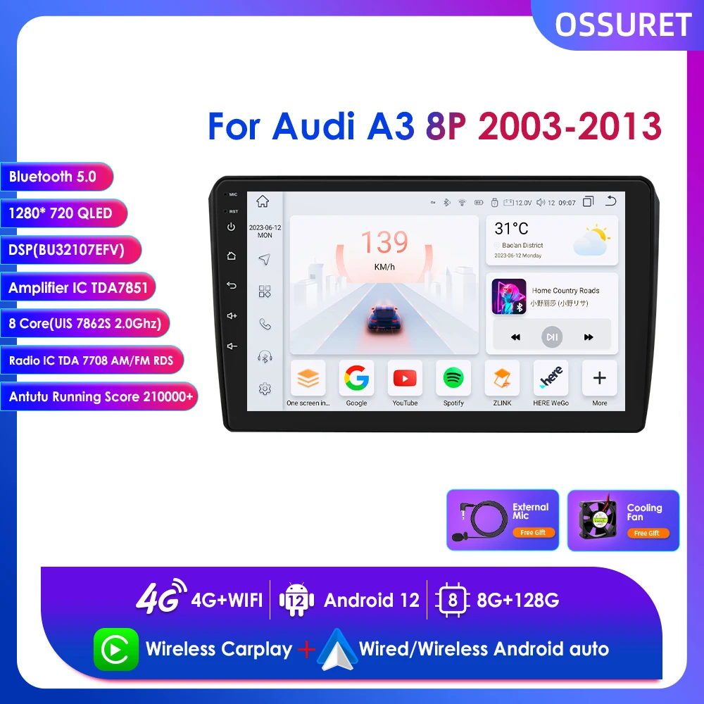 

8G+128G Android 12 UIS7862S Carplay for Audi A3 8P 2003-2013 2din Car Radio Multimedia Player GPS Navigation AudioStereo RDS DSP