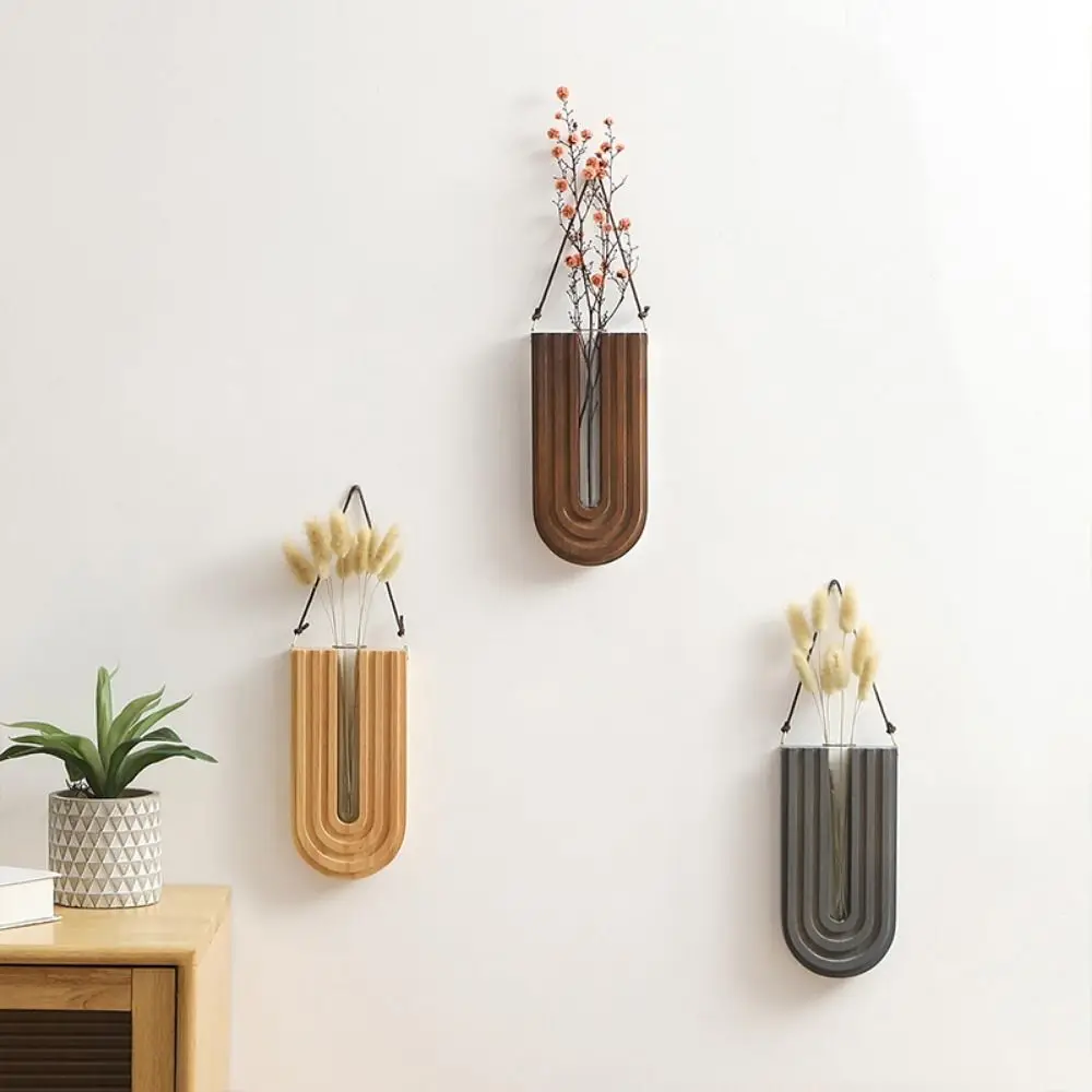 Multi-purpose Stable Wall-mounted Hydroponic Vase Durable Handmade Wood Frame Vase Craft Plant Holder Pendant Artificial Flower 5