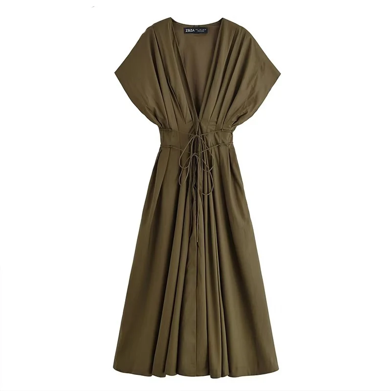 Vintage Casual Chic Pleated Lace Up Dress Women Fashion Short Sleeve Slim  Long Dresses Female Summer Holiday Party Dress