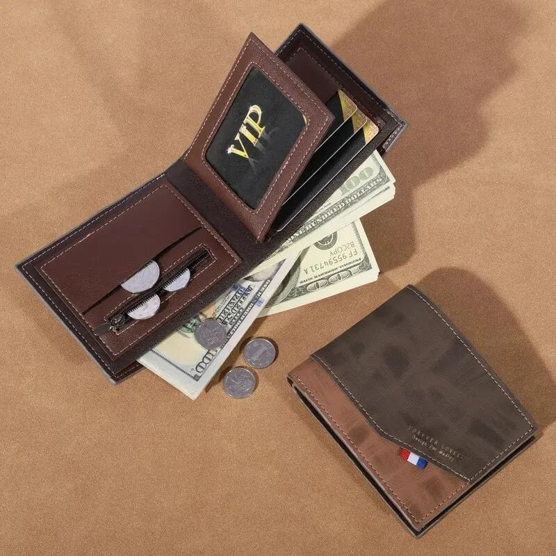 Men's Vintage High-Capacity Leather Coin Wallet with Multiple Photo Slots