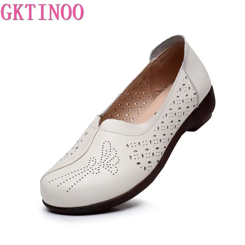 

GKTINOO Hollow Breathable Women Genuine Leather Sandals Flat Mom Shoes 2023 Large Size Soft Sole Flats Women's Shoes