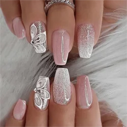Elegant Butterfly Rhinestone Nail Stickers with Gradient Sparkle Glitters - 24 Pieces (Pink)