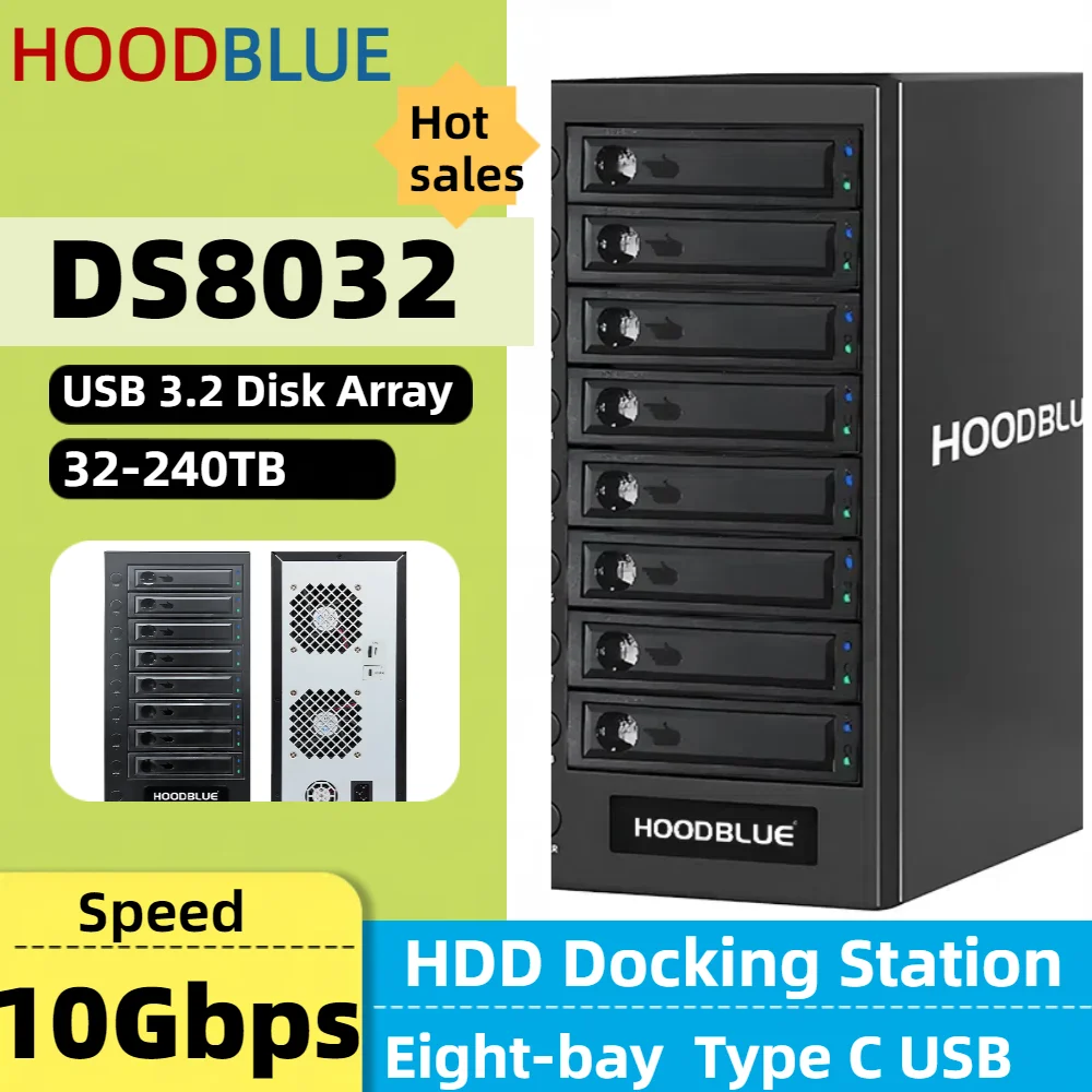 HOODBLUE DS8032 8베이 타입 C 10Gbps HDD 도킹 스테이션 SATA-USB 3.2 디스크 어레이 외장 HD 케이스 2.5/3.5인치 SSD 인클로저