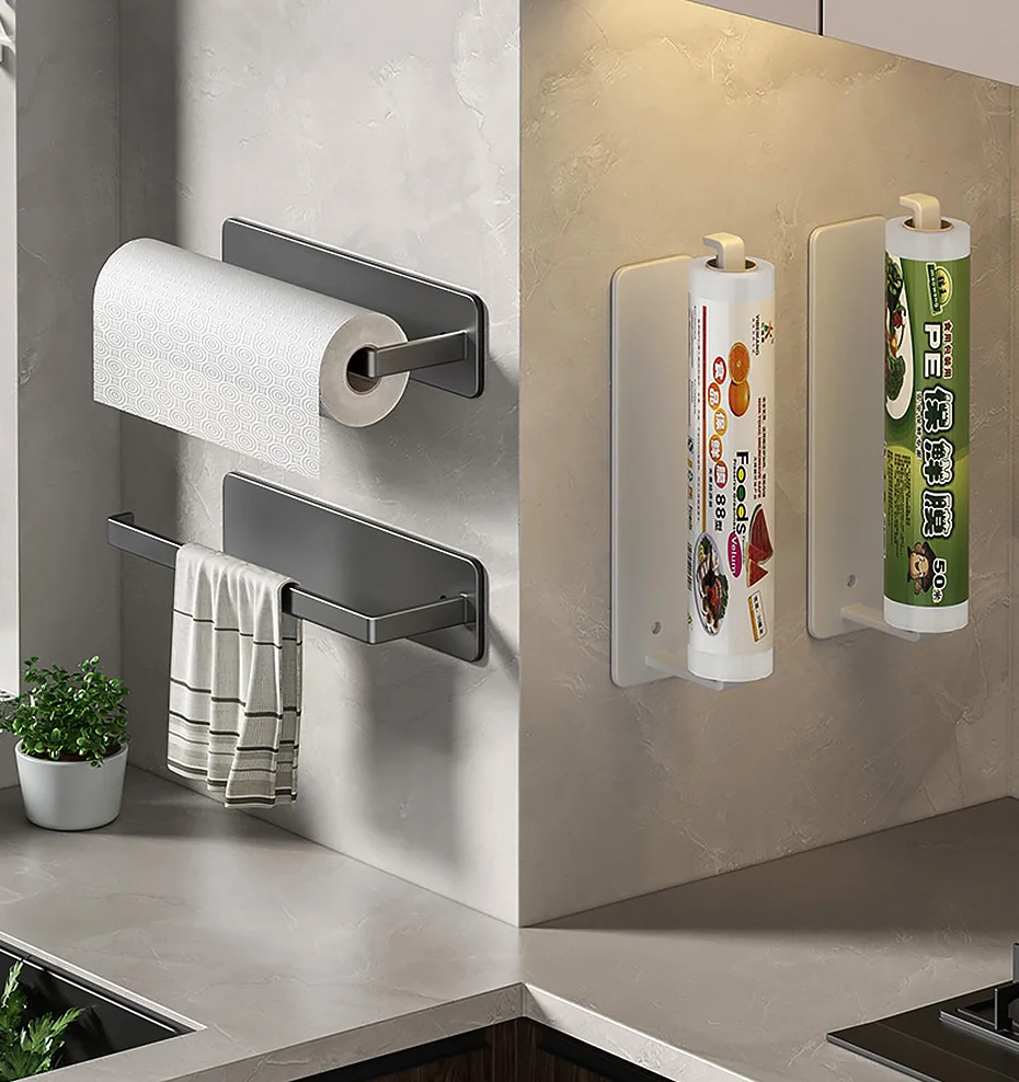 Description Picture 2 of itemPaper Towel Holder Steel Self Adhesive Toilet Roll Paper Holder No Punch Kitchen Bathroom Lengthen Rack Cling Film Tissue Hanger