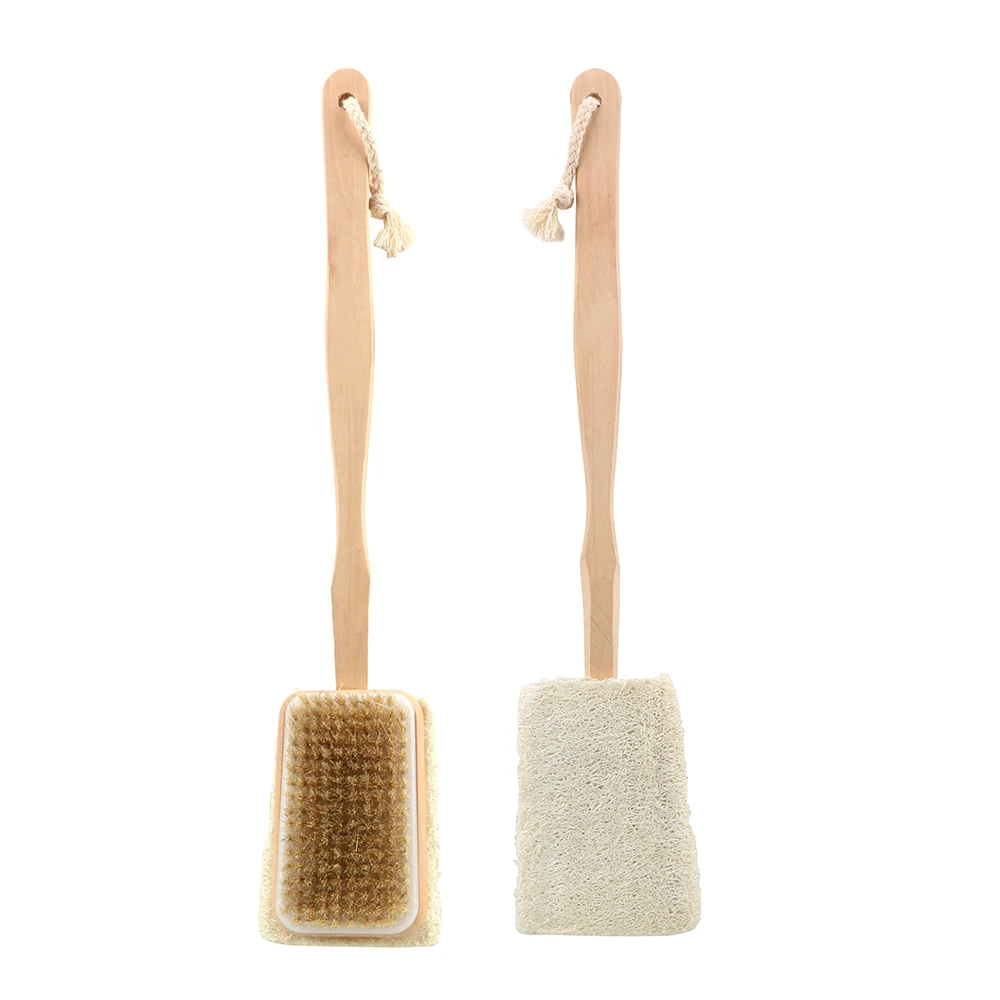 Body Back Cleaning Brush Skin Cuticle Grease Remove Wooden Handle Loofah Bristle Both Side Bath Brush Massage Shower Bath Sponge 3