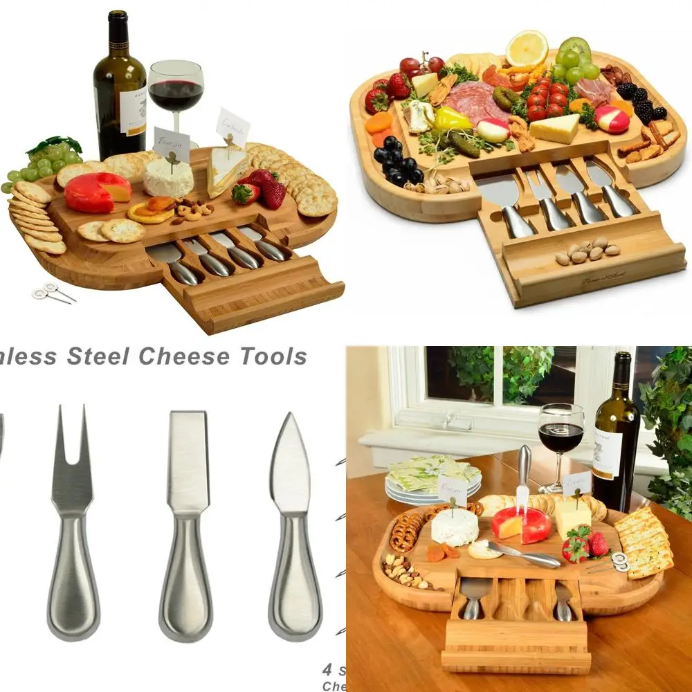 USA-Designed Bamboo Cheese & Charcuterie Board with Knife Set and Cheese Markers