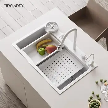 흰색 스테인레스 스틸 폭포 주방 싱크대, 다기능 수도꼭지, 심플한 스타일 대형 싱글 슬롯 주방 액세서리, 참신한
