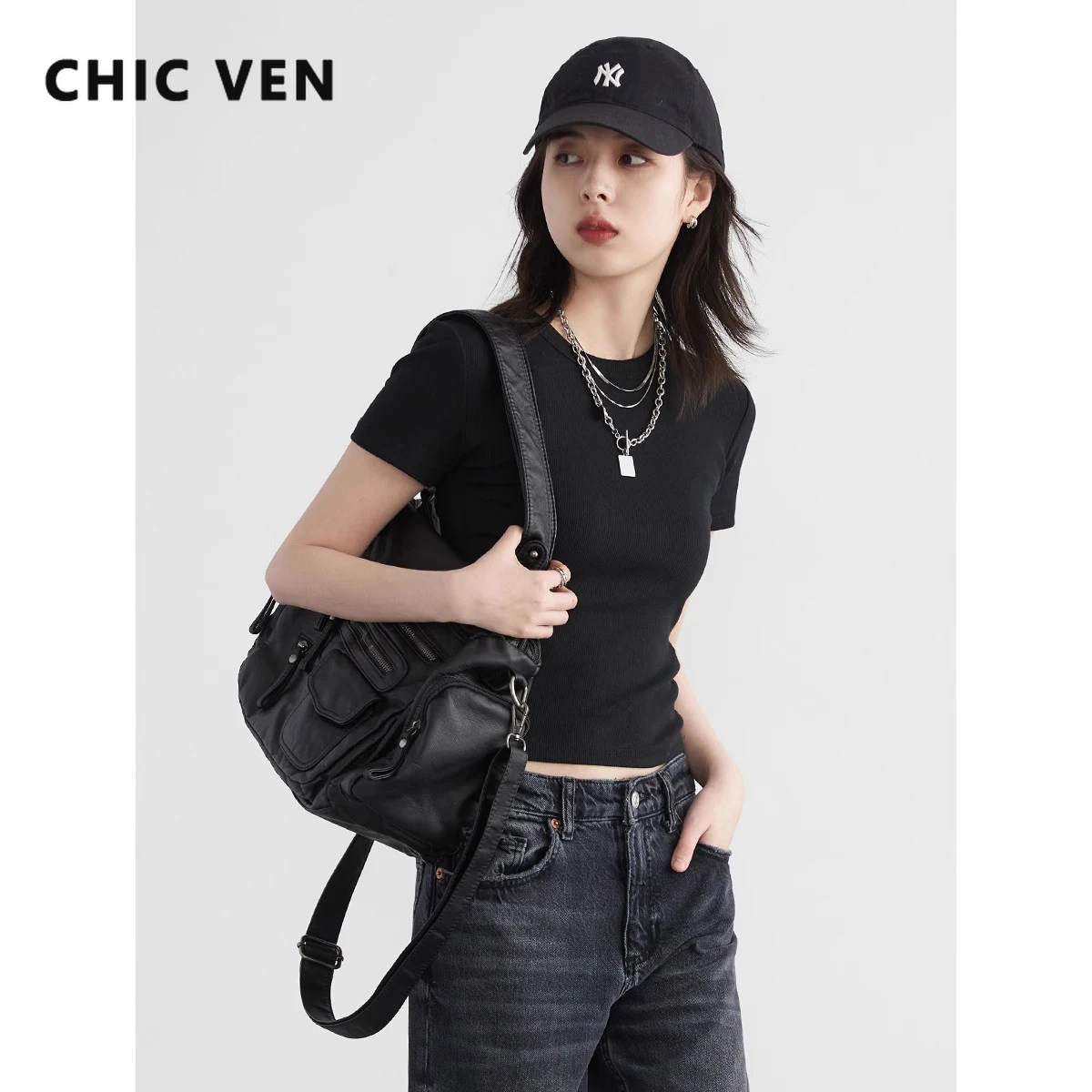 

CHIC VEN Women T-Shirts Solid O Neck Slim Short Sleeved Tees Front Shoulder Slimming Short Female Top for Woman Summer 2024