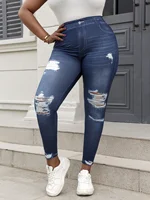 Plus Size Women's Slim Fit Leggings Imitation Jeans Print Faux Broken Hole Design Stretchy Pants Female Casual Knitwear Bottoms - Image 2