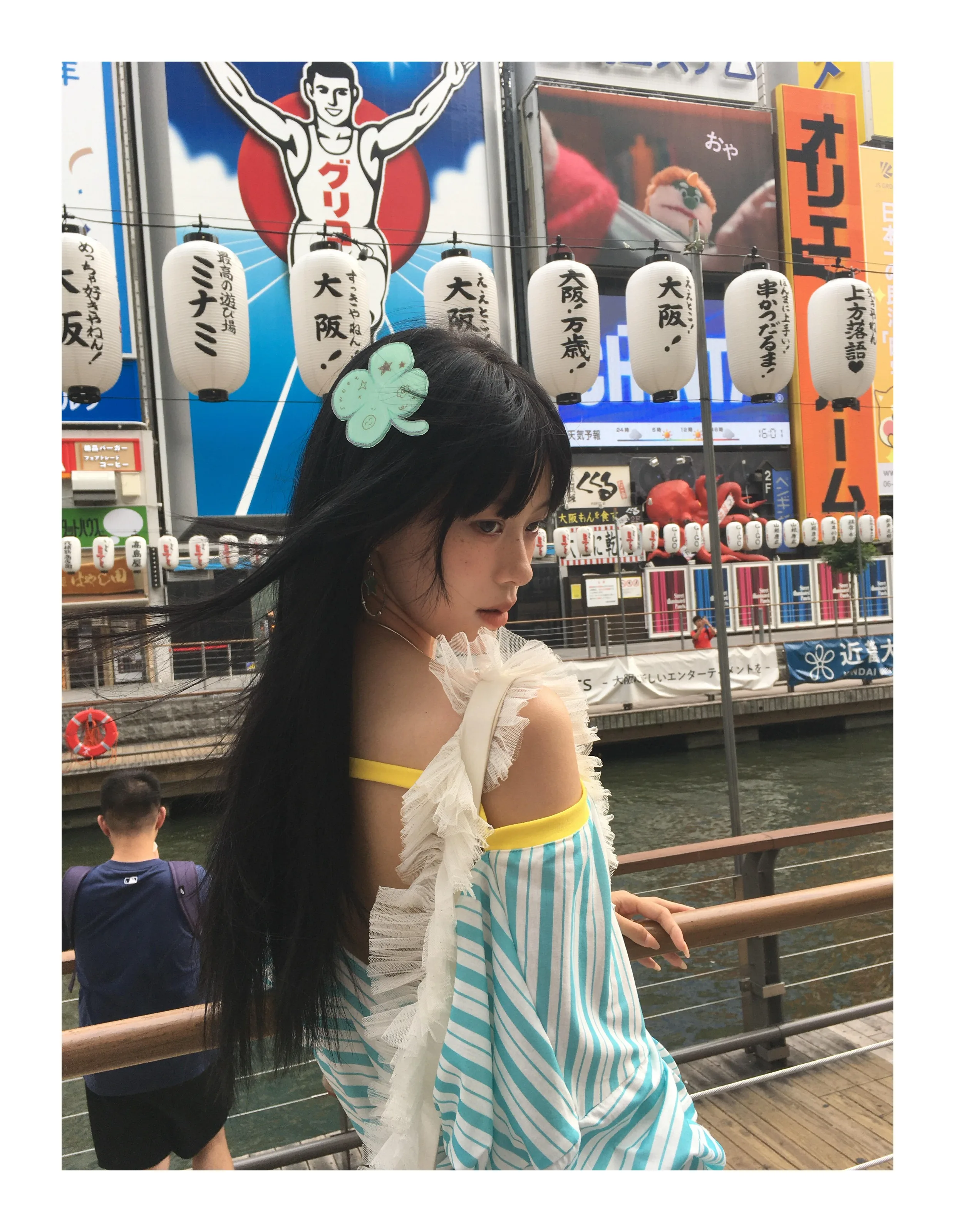 Tonngirls Japanese Y2k Blue Striped T-shirt Women V-neck Long Sleeve T Shirt Vintage Off Shoulder Loose Tee Tops 2000s Korean 6