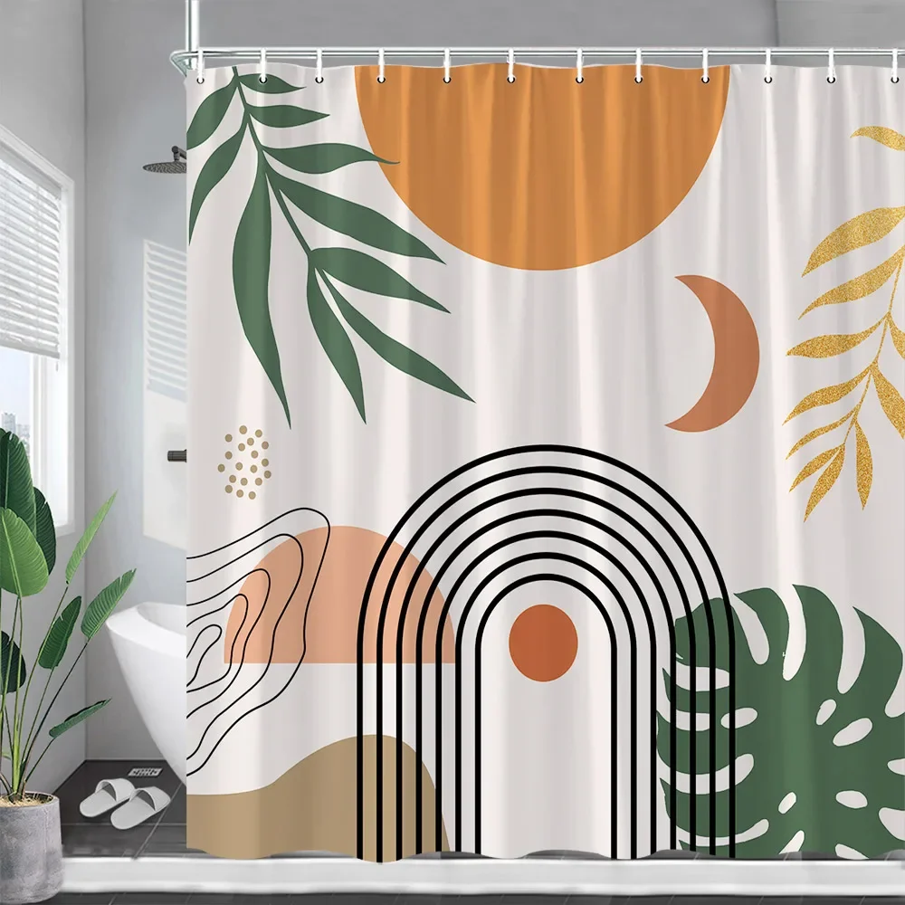 

Abstract Mid Century Shower Curtains Black Lines Leaves Modern Geometric Boho Bath Curtain Fabric Bathroom Decor Set with Hooks