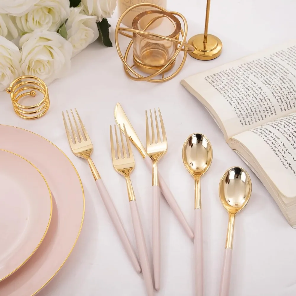 I00000 300 Pack Gold Plastic Silverware with Pink Handle, Pink Plastic Silverware Set, Kitchen Utensils- 100 Forks, 100 Kni