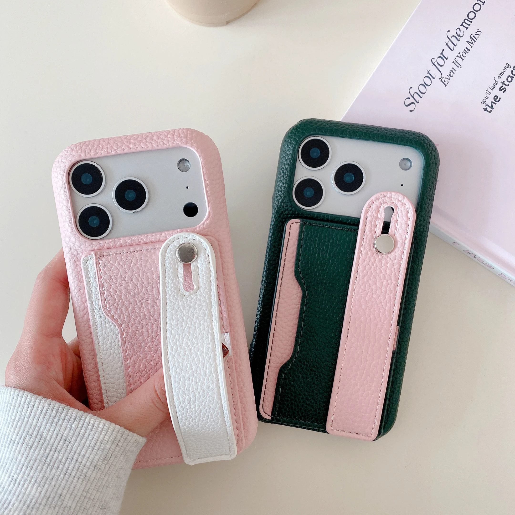 Dual-Tone Leather Shockproof Phone Case with Detachable Wrist Strap & RFID-Blocking Card Slot