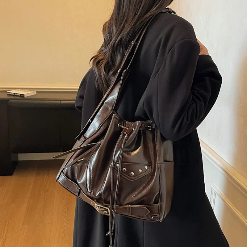 New Korean Version Women'S Drawstring Large Capacity Bucket Bag Autumn And Winter Tote Bag Casual Shoulder Bag Crossbody Bag
