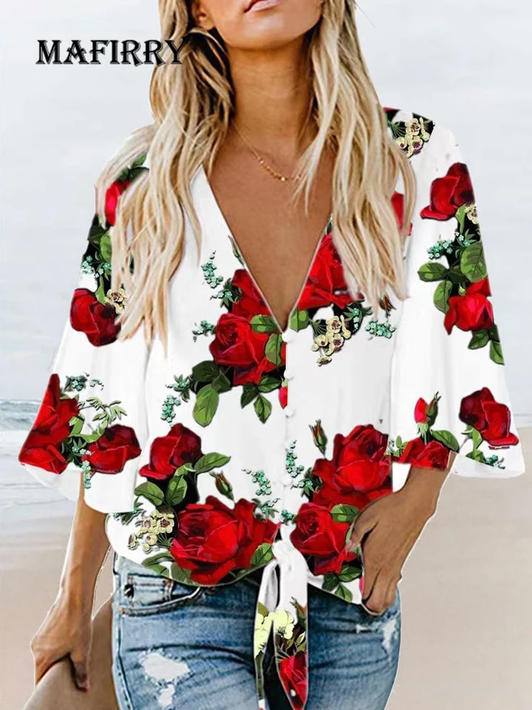 Women Loungewear Half Sleeve Floral Printing Top Shirts Summer Deep V-Neck Button Lace-Up Ladies Blouses Streetwear Dropshipping achieve cleaner air health printing activated carbon filter for ender3 printes dropshipping