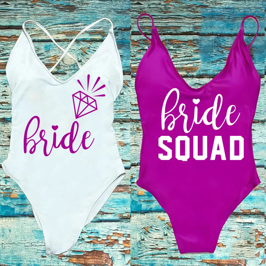 Padded One Piece Swimsuit Sexy BRIDE SQUAD Letter Print Women Bikini Bathing Suit Summer Bodysuit Backless monokini one piece swimsuit women swimsuit