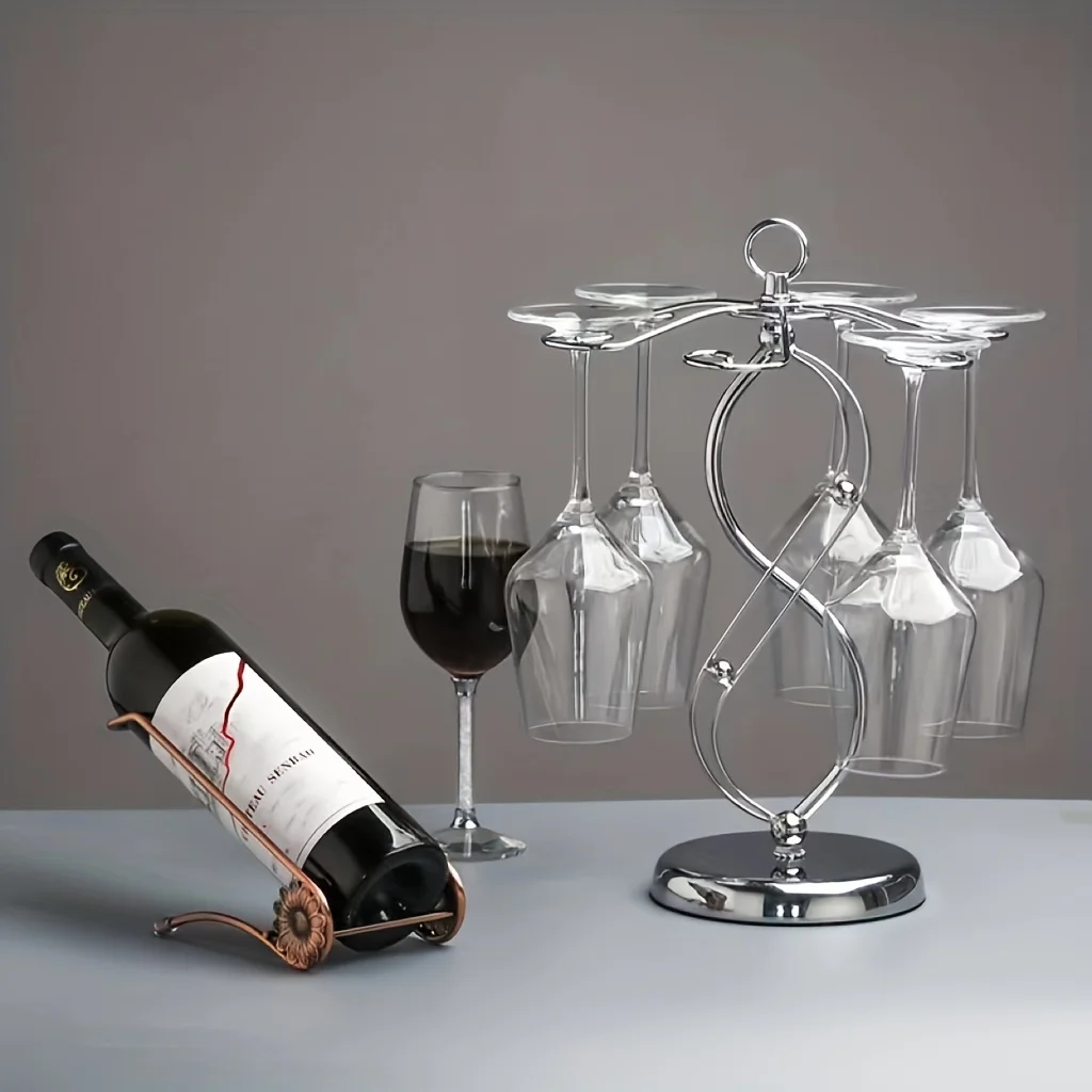 Countertop Wine Glass Holder Freestanding Tabletop Tall Glass Storage Rack with 6 Hooks (Silver) 4