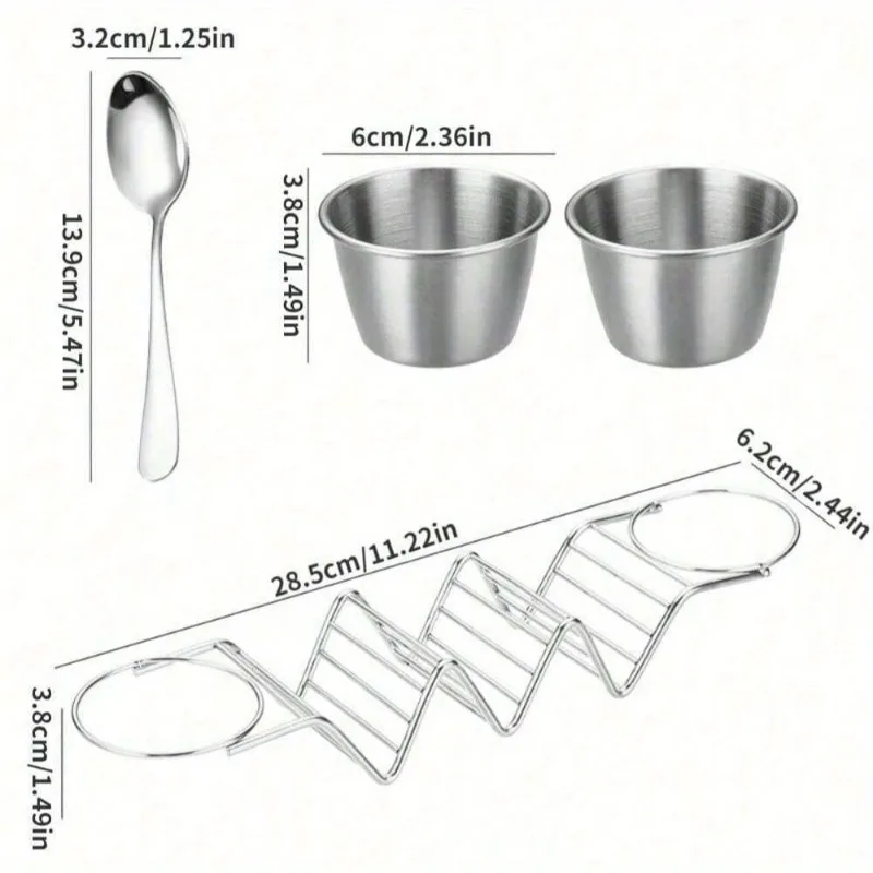 Stainless Steel Taco Stand Set with Detachable Sauce Cups, Spoon, and Condiment Holders Rust-Resistant Food Rack for Kitchen