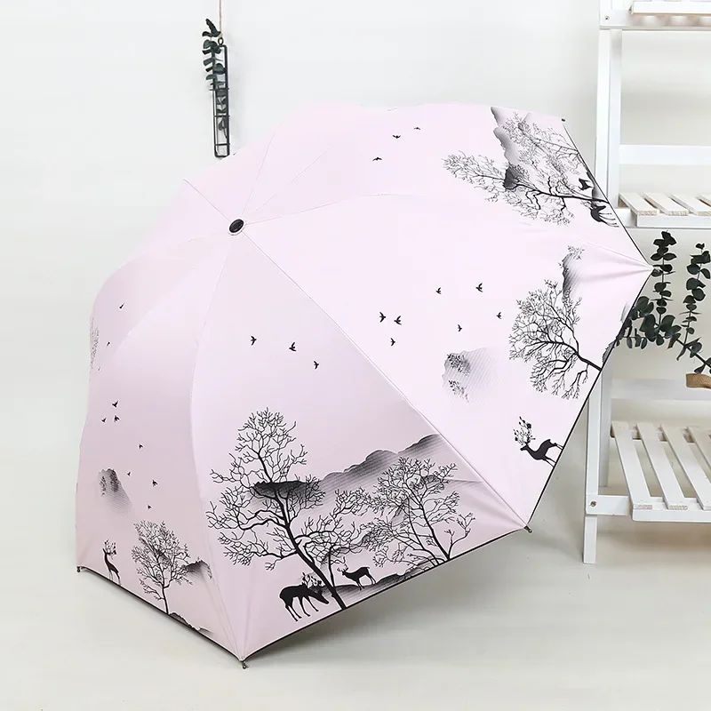 Ink Painting Umbrella ANTI-UV Foldable Umbrella Rain Women Chinese Style Windproof Fashion Umbrellas Female Gift