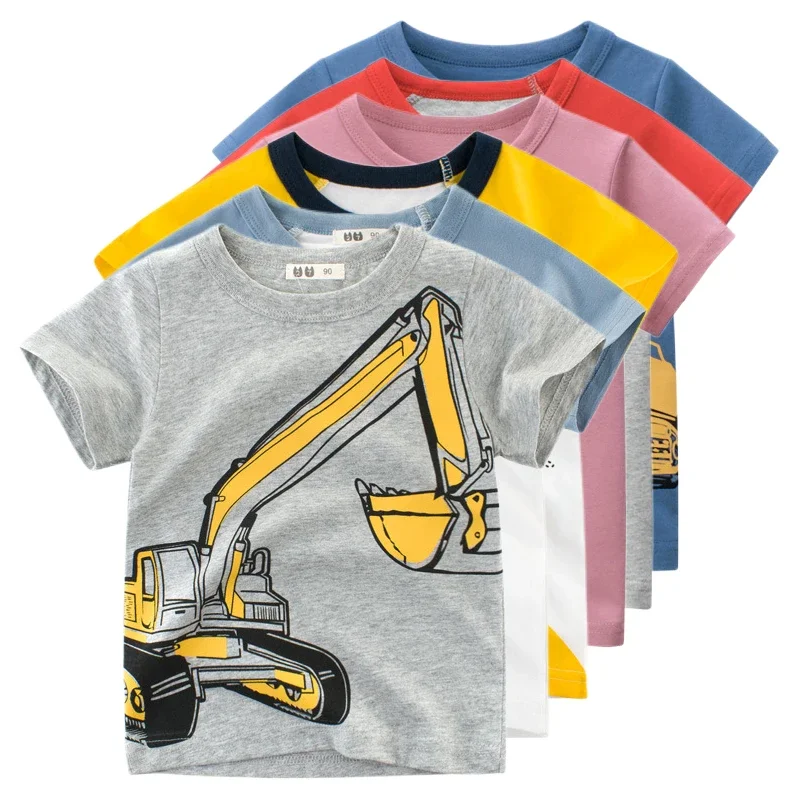2-10Y Cartoon Print Baby Boys T Shirt for Summer Infant Boy Excavator T-Shirts Short Sleeves Kids Clothes Toddler Cotton Tops