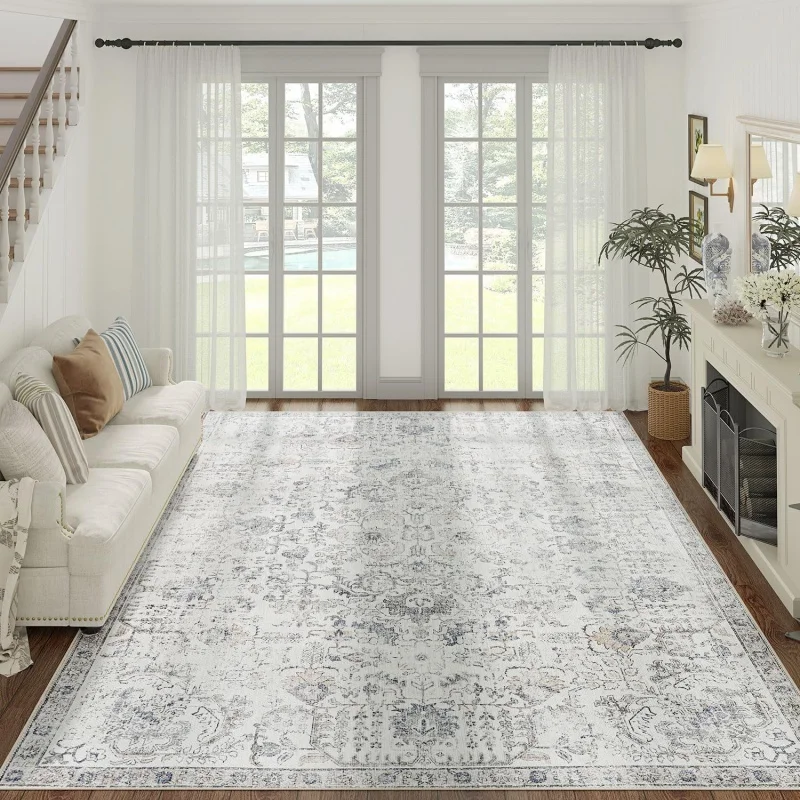 

jinchan Area Rug 9x12 Washable Rug Vintage Rug Indoor Thin Rug Gray Retro Accent Rug Distressed Carpet Grey Multi Floral Print C