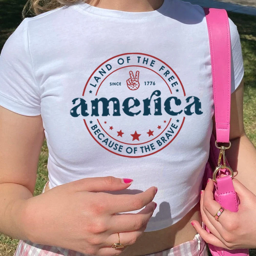 

America Crop Tops 4th of July Tee Patriotic Baby Tee Independence Day Shirt Women Streetwear Harajuku Short Sleeve Crop Tops