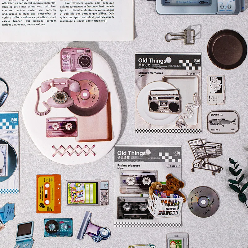 Vintage Gadget Stickers - 25-Piece Decorative Collage Set for Creative Scrapbooking & Journaling