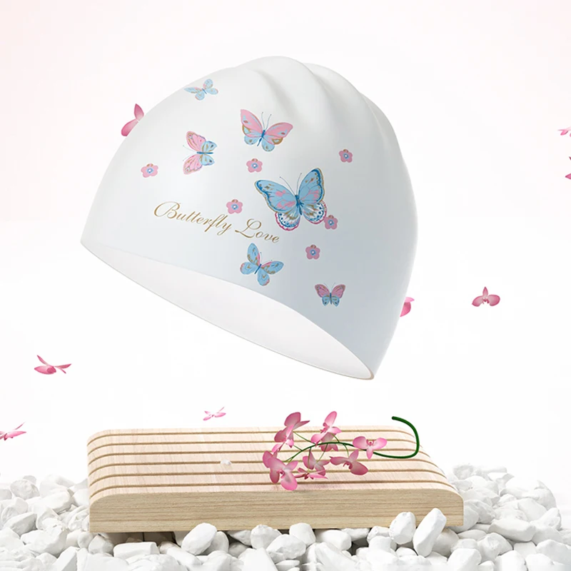 1Pcs Fashionable new adult unisex silicone swimming cap in one size fits all with cherry blossom and butterfly prints waterproof 2