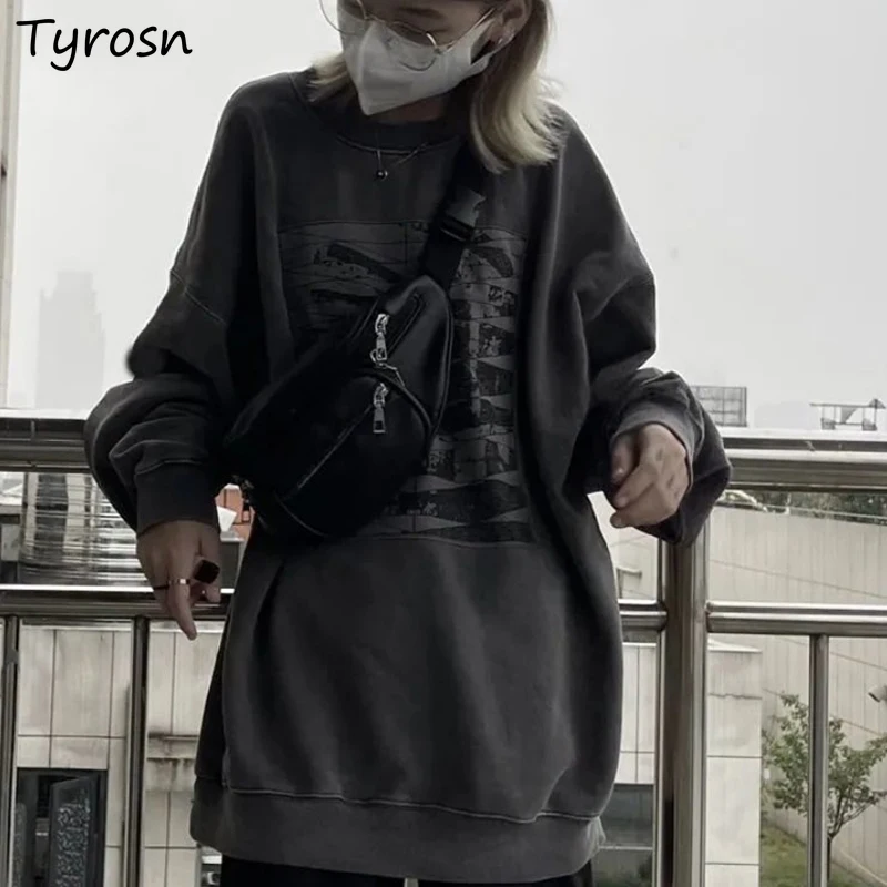 

Graphic Sweatshirts Women Vintage Streetwear Loose Lazy Hip Hop O-neck Tops Harajuku Design Printing Popular Unisex BF Basic