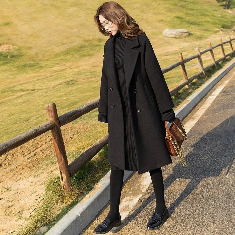 

New Fashion Black Tweed Coat Women's Middle Long 2023 Autumn Winter Popular New Korean Loose Hepburn Wool Coat