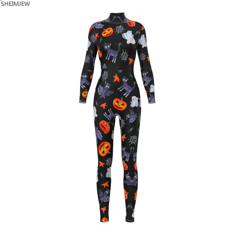 

Women Pumpkins and Cat Print Catsuits Halloween Party Cosplay Costumes Adult Fashion Gothic Bodysuits Onepiece Clothing