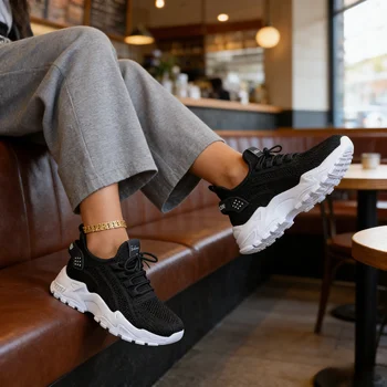 fashion knitted sneakers for women mesh breathable lace up casual sports shoes women's casual shoes