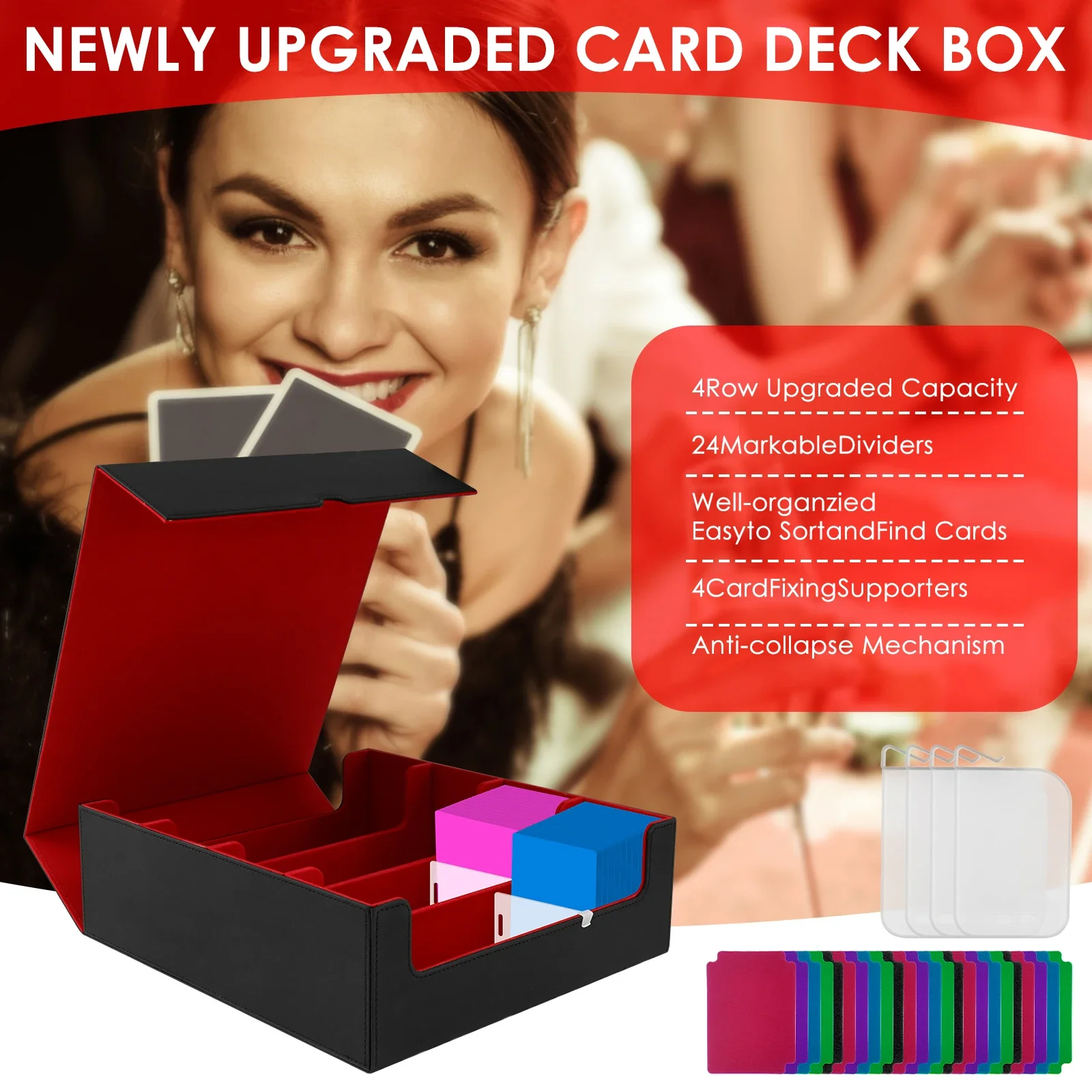 Trading Card Case Deck Box PU Leather Organizer 4 Rows Trading Card Storage Box with Dividers Multipurpose Business Card Box 2