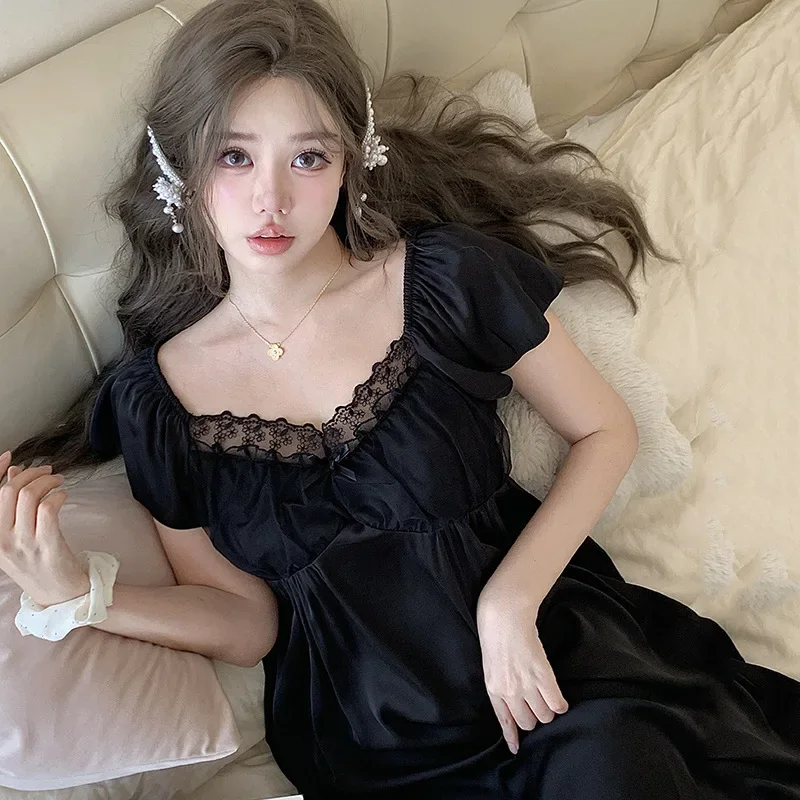 ملابس نوم دانتيل على طراز الأميرة للنساء بأكمام قصيرة مطرزة ثقيلة من التول ملابس منزلية لطيفة ورغبة نقية ثوب نوم صيفي