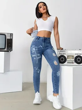 Pantaloni elasticizzati a vita alta da donna Jeans slim fit Stampa motivo floreale Pantaloni a gamba larga per abbigliamento casual per gite alla moda 1