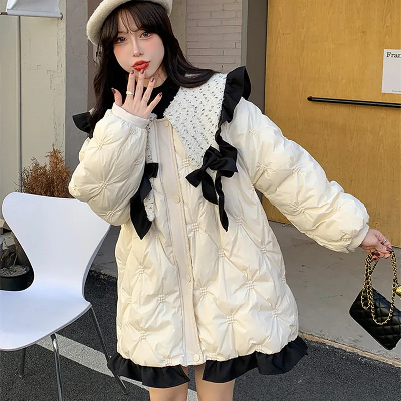 

Doll collar down jacket for women's 2022 winter new loose warm bowknot 90% white duck down high-quality white coat