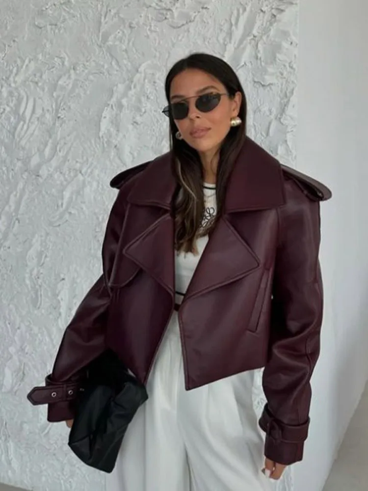 Elegant Burgundy One Button Leather Overcoats For Women Fashion Flip Pockets Loose Solid Jackets 2024 Lady Chic Street Outerwear 5