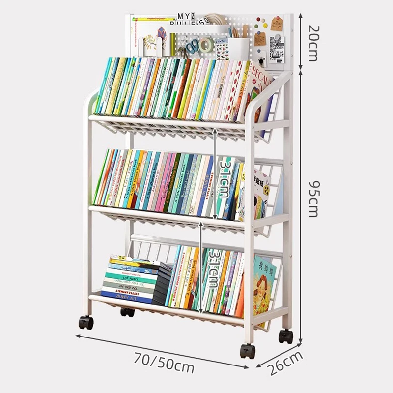Floor Standing Multi-Layer Bookshelf Living Room Magazine Rack Iron Bookcase Movable Storage Organizer Wheels Books Toys FYMR