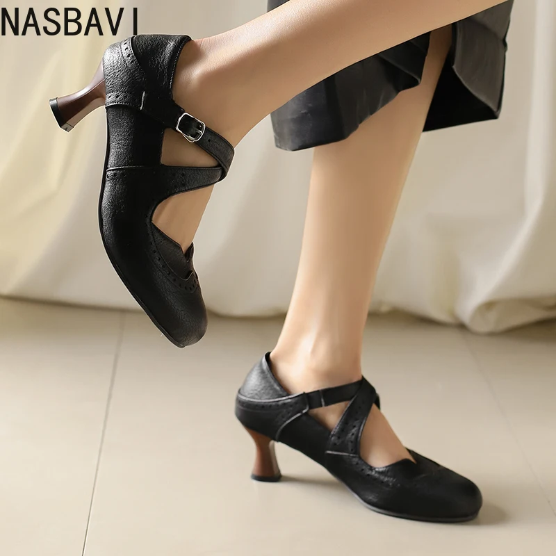 NASBAVI Brand Casual Daily Women Pumps Round Toe Strange Heels 6cm Buckle Strap Large Size 45 46 47 Soft Spring Shoes for Lady 3
