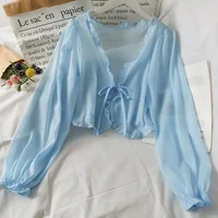 T-shirt à manches longues et respirant pour femme, cardigan en dentelle avec nœud, vêtement à volants, protection solaire, pour couvrir 4