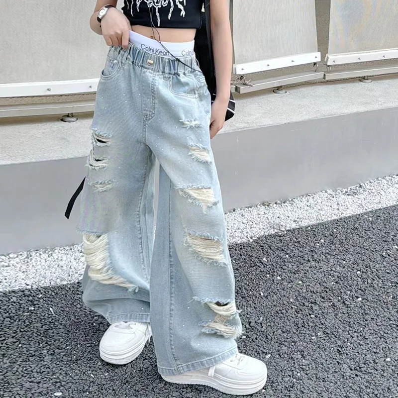 summer teenage girsl hole jeans Fashion distressed denim wide leg