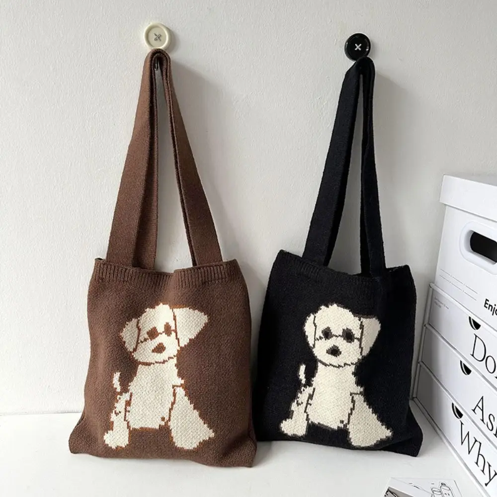 

Handmade Tote Bag Fashion Knitted Large Capacity Shopping Bags Puppy Embroidery Reusable Handbag Women Girls