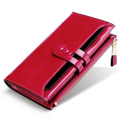 Luxury Cowhide Wallet Genuine Leather Purse Woman Fashion Cash Card Holder Lacquer Hand Grip Wallet Multi-function Money Pocket