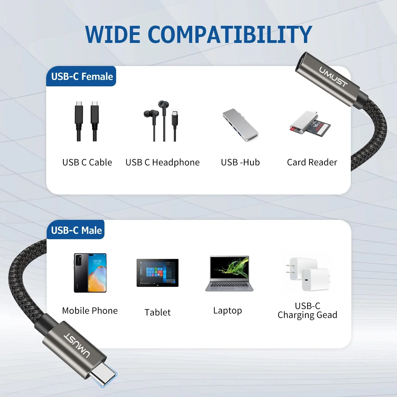 UMUST USB C 익스텐션 케이블, 타입 C 3.2 수-암 PD 5A 고속 충전, 10Gbps 동기화 전송, 아이폰 15 프로, 맥북, 아이패드 프로용