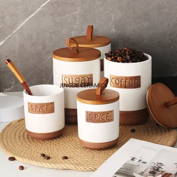 Tarro de cerámica hermético (1 unidad) para guardar azúcar, café o condimentos. Tarro de madera para guardar dulces o caramelos.