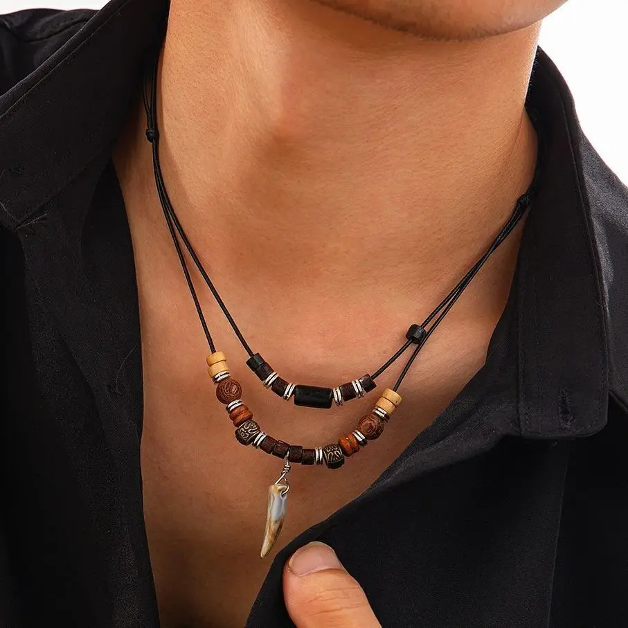 KunJoe 2Pcs/Set Vintage Wolf Tooth Pendant Necklace for Men Simple Wood Beads Choker Adjustable Leather Rope Chain Neck Jewelry