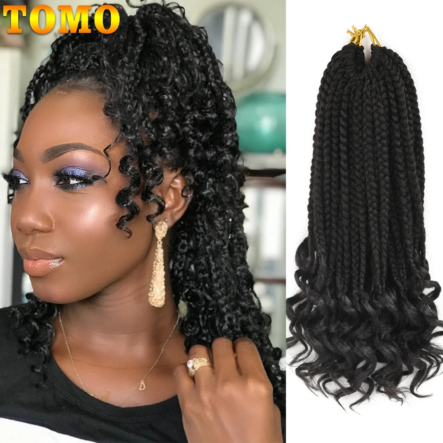 TOMO Crochet Hair Box Braids Curly Ends Synthetic Ombre Hair for Braid 22 Strands 14 18 24 Inch Braiding Extensions