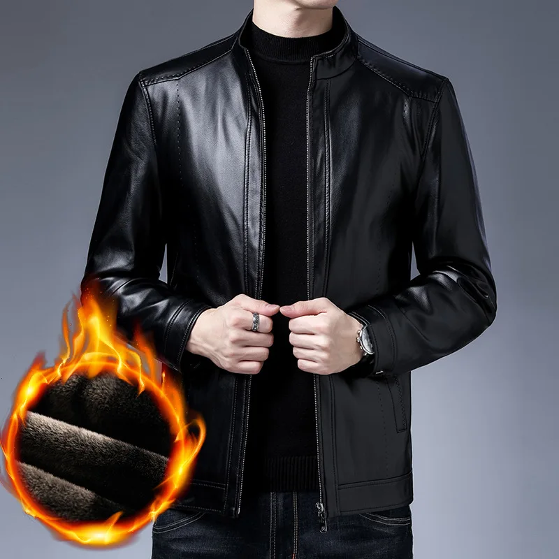 

Рекомендуемая осенне-зимняя куртка из искусственной кожи для мужчин с плюшевым воротником-стойкой, облегающая куртка для мужчин среднего возраста